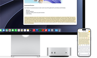 Mac mini отпред под Studio Display, iPhone е разположен отдясно на устройството и дисплея, текстът, избран с команди за изрязване, копиране, поставяне и автоматично попълване по-горе на iPhone, съвпада с маркирания текст на дисплея, показвайки Universal Clipboard