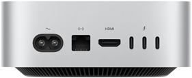 Mac mini, отзад, гнездо за захранване, Ethernet порт, HDMI порт, три Thunderbolt порта