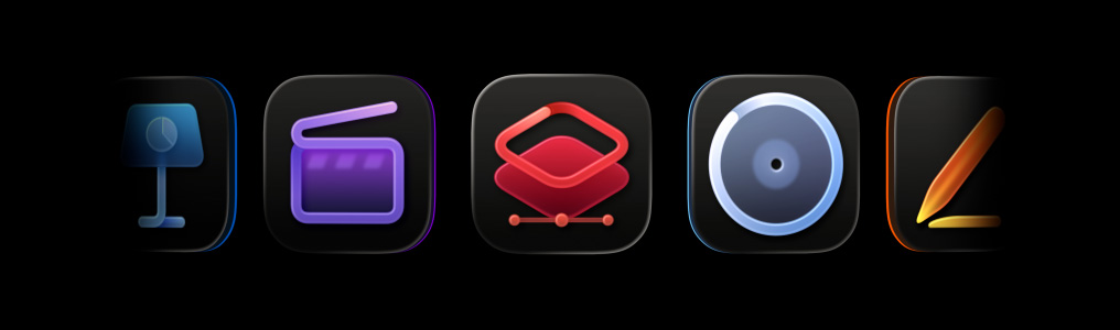 Icônes des apps Apple Creator Studio, Final Cut Pro, Pixelmator Pro, Logic Pro, Pages, Compressor, MainStage, Numbers, Motion, Freeform, Keynote