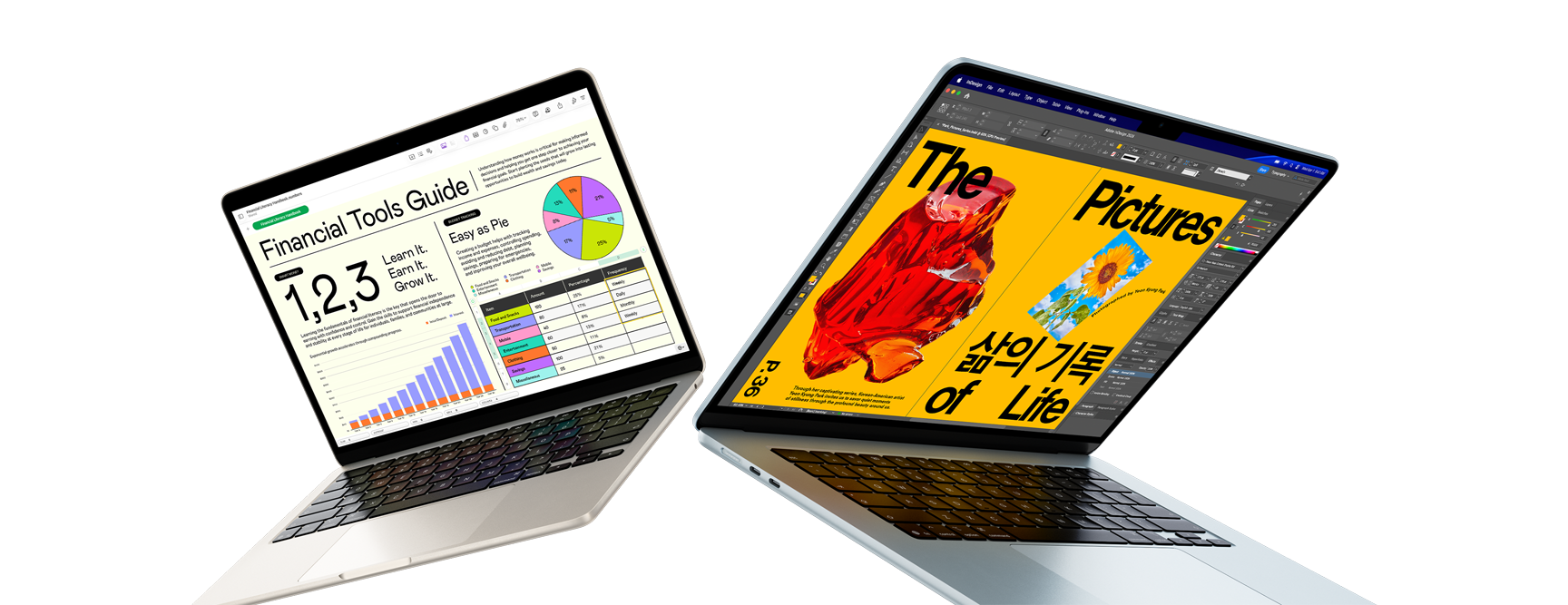 13- and 15-inch MacBook Air laptops — one screen shows Numbers work, the other shows design work
