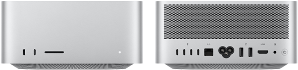 Prednja strana uređaja Mac Studio s srebrnoj boji s 2 USB-C priključka, utorom za karticu SDXC, svjetlosnim indikatorom, postoljem suženim pri dnu i ravnim gornjim dijelom, zaobljenim uglovima i ravnim rubovima, stražnja strana uređaja Mac Studio s perforiranim ventilacijskim otvorom , 4 priključka Thunderbolt 5, Ethernet priključkom, priključkom za utičnicu, 2 USB-A priključka, HDMI priključkom, priključkom za slušalice i gumbom za uključivanje/isključivanje