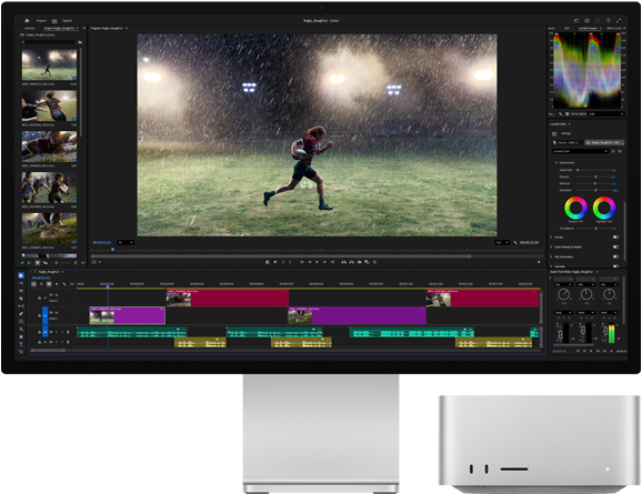 Studio Display XDR s ugrađenim stalkom, Mac Studio lijepo se uklapa ispod zaslona, na zaslonu je prikazan rad s alatima za uređivanje videozapisa i obradu boja