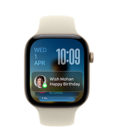 Apple Watch Series 12, Sand Sport Strap with Aluminium Light Gold case face shows date at top left, time on top right and Messages widget at bottom