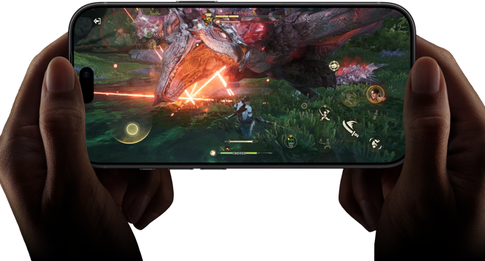 iPhone 18 Pro, priekšpuses skats, redzama spēle Monster Hunter Outlanders, kas demonstrē A20 Pro čipa veiktspēju