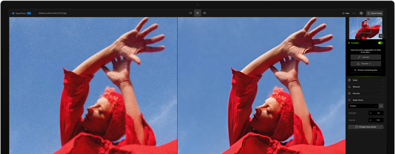 شاشة Studio Display تعرض نسختين من الصورة ذاتها، الصورة إلى اليمين أكثر وضوحاً من الصورة إلى اليسار عبر استخدام الذكاء الاصطناعي