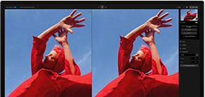 شاشة Studio Display تعرض نسختين من الصورة ذاتها، الصورة إلى اليمين أكثر وضوحاً من الصورة إلى اليسار عبر استخدام الذكاء الاصطناعي