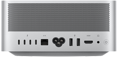 جهاز Mac Studio، الجهة الخلفية، فتحات تهوية من الألومنيوم، 4 من منافذ ثندربولت 5، منفذ إيثرنت، مقبس طاقة، 2 من منافذ USB-A، منفذ HDMI، مقبس لسماعات الرأس، وزر تشغيل