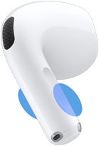 Exteriorul căștilor AirPods 5, cercuri albastre care evidențiază unde trebuie să atingi tija pentru a face ajustări de volum