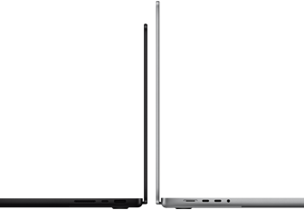 MacBook Pro de 14 inchi și 16 inchi, spate la spate, prezentând diferența de dimensiune și subliniind profilul îngust