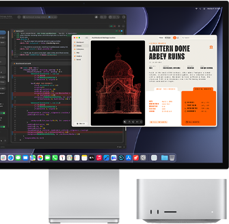 Studio Display XDR, screen shows document in process in Claude Agent in XCode, Mac Studio, front view
