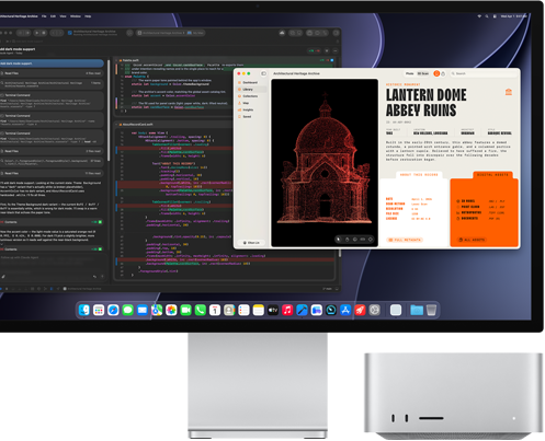 Studio Display XDR, na obrazovke rozpracovaný dokument v agentovi Claude v XCode, Mac Studio, pohľad spredu