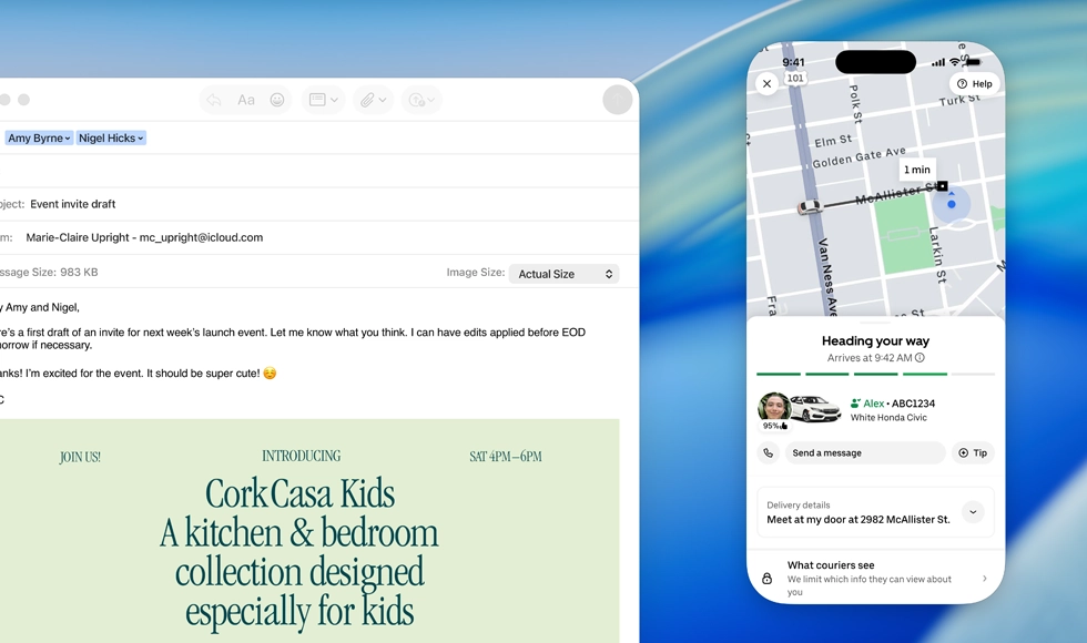 MacBook 展示打開的郵件 app，iPhone 螢幕鏡像輸出到 MacBook 螢幕上，顯示外送即將抵達
