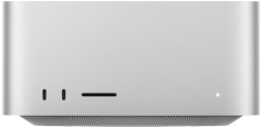 Mac Studio, передня панель, два порти USB-C, слот для SDXC-карт, індикатор стану, звужена основа знизу, пласка верхня панель, заокруглені сторони, прямі краї, сріблястий колір, Mac Studio, задня панель, вентиляційні отвори з алюмінію, чотири порти Thunderbolt 5, один порт Ethernet, один порт живлення, два порти USB-A, один порт HDMI, один порт для навушників і кнопка живлення