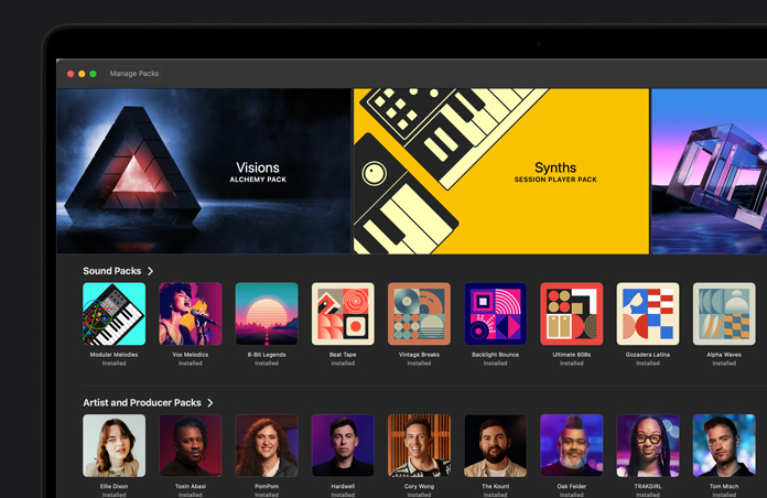 MacBook Pro 16 screen, Logic Pro Sound Library, Visions Alchemy Pack, Synths Session Player Pack, row of Sound Packs, row of Artist and Producer Packs.