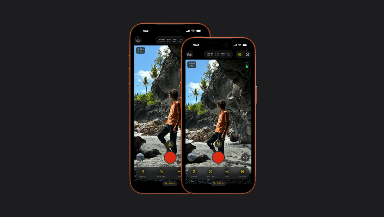 iPhone 17 Pro y iPhone 17 Pro Max que muestran a un hombre en una playa rocosa, demostración de Final Cut Camera