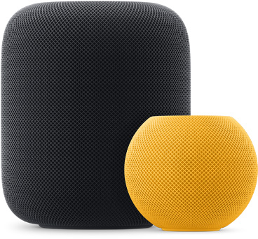 Yellow HomePod&nbsp;mini in front and to the right of a Midnight HomePod.