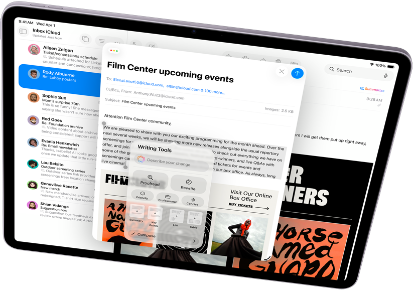Das iPad Air im Querformat zeigt Apple Intelligence mit Schreibtools und Mail