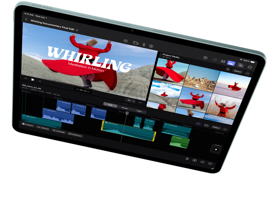 Ein iPad Air im Querformat, auf dem Videoschnitt in Final Cut Pro gezeigt wird