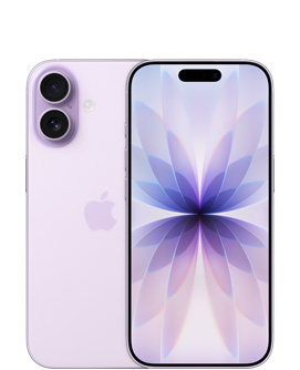iPhone 17, заден екстериор, цвят лавандула, Dual Fusion система камери горе вляво, центрирано лого на Apple, преден екстериор, цвят лавандула, Dynamic Island, центриран в горната част