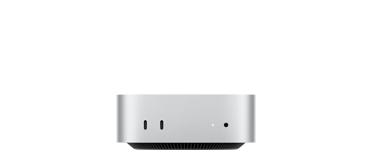Mac mini, отпред, два Thunderbolt порта, светлинен индикатор за състояние и жак за слушалки, конусовидна черна основа отдолу, плосък отгоре, заоблени страни, прави ръбове, цвят сребърно