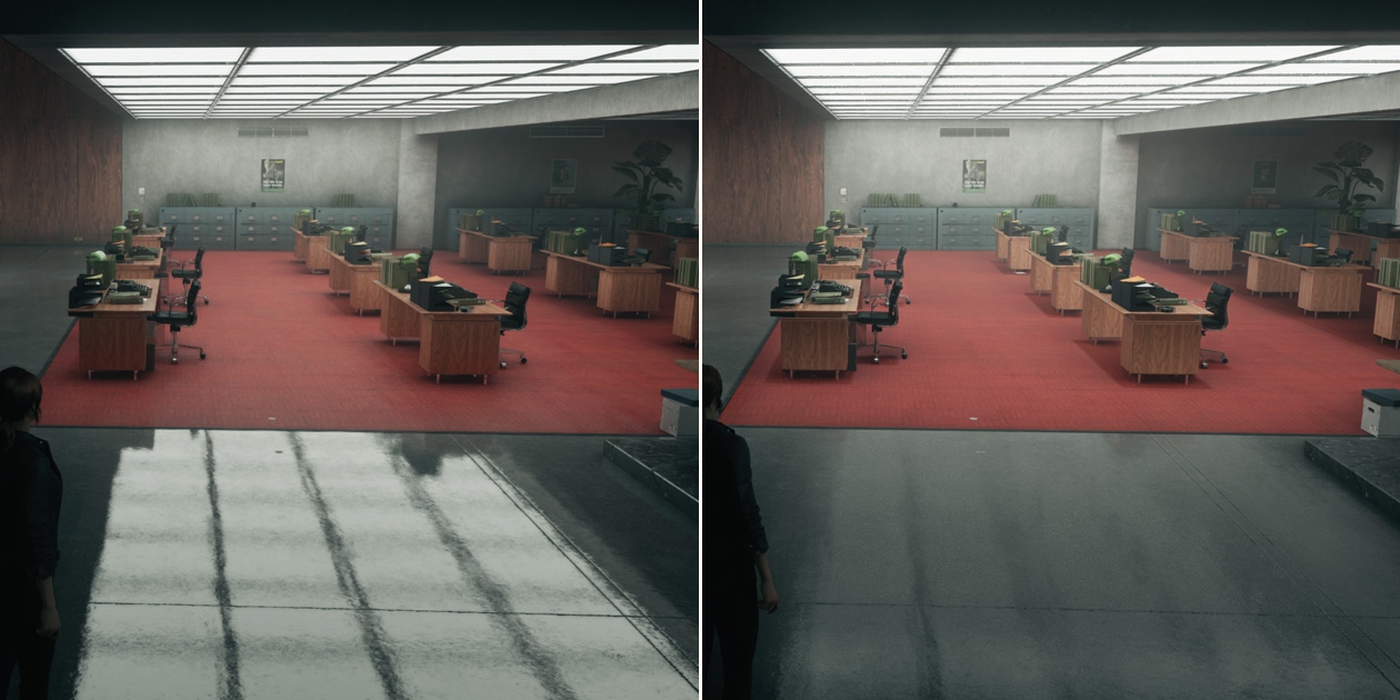 Perbandingan dua gambar yang berdampingan, gambar di sebelah kiri menampilkan pengaturan kantor terbuka dengan ray tracing diaktifkan, lampu overhead memantulkan cahaya yang kuat di lantai, gambar di sebelah kiri menampilkan pengaturan kantor terbuka yang sama dengan ray tracing dinonaktifkan, pantulan lampu overhead lebih halus dan diburamkan