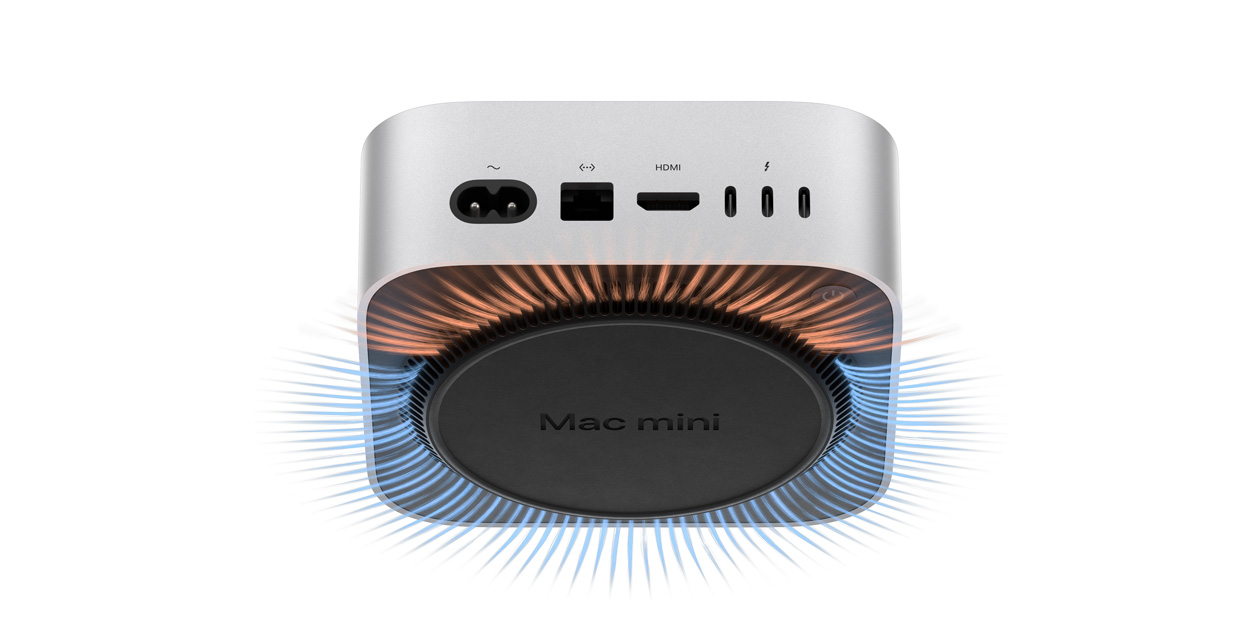 Mac mini, bagian bawah, memperlihatkan sistem termal dan ventilasi di bawah penutup aluminium