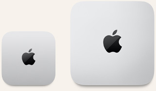 Две Mac mini устройства, отгоре, сребърен алуминий, заоблени ъгли, гланцирано черно Apple лого в центъра, едното устройство е обновената версия и е по-малко от половината размер на другото устройство