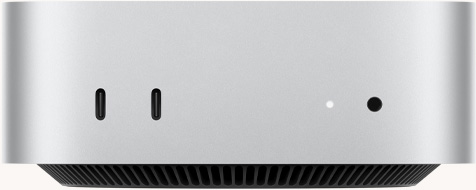 Mac mini, отпред, два Thunderbolt порта, светлинен индикатор за състояние и жак за слушалки, конусовидна черна основа отдолу, плосък отгоре, заоблени страни, прави ръбове, цвят сребърно