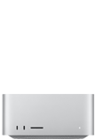 Mac Studio, bagian depan, dua port USB-C, slot kartu SDXC, lampu indikator status, bagian bawah yang menyempit, bagian atas datar, sisi melengkung, tepian lurus, warna perak