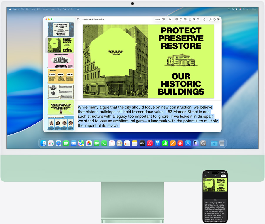 Una iMac y un iPhone 16 Plus, la app Keynote abierta en la iMac, la diapositiva y las notas aparecen en el iPhone